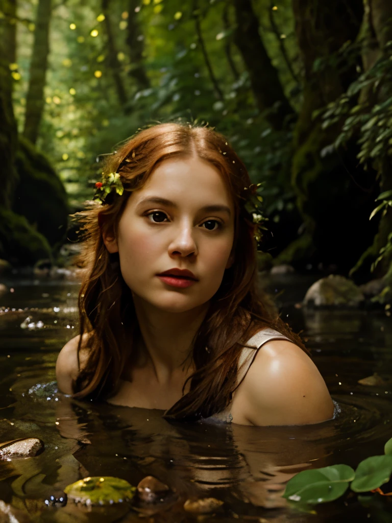 oil paint, Brush marks, head and shoulders portrait of A beautiful young red-haired elf sits on a mossy rock in the middle of a crystal clear river.  Golden sunlight bathes the scene, while subtle magical glows emanate from the elf and the nature around her.  Magical flowers and leaves with elven patterns adorn the riverbank, while small fantastical animals observe the scene with curiosity. Cinematic lighting 