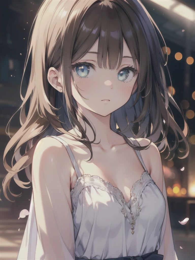 masterpiece, highest quality, female figure, blue green eyes, long brown hair, white nightgown, cute, (dynamic lighting:1.2), cinematic lighting, delicate features, fine eyes, sharp pupils, realistic student, Depth of bounds written, Bokeh, sharp focus, (very detailed, bloom, shine:1.4), gloomy, very skinny, prominent collarbones, 