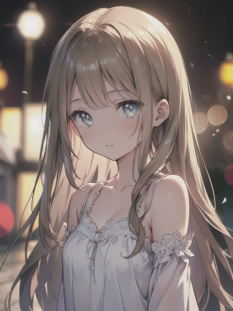 masterpiece, highest quality, female figure, blue green eyes, long brown hair, white nightgown, cute, (dynamic lighting:1.2), cinematic lighting, delicate features, fine eyes, sharp pupils, realistic student, Depth of bounds written, Bokeh, sharp focus, (very detailed, bloom, shine:1.4), gloomy, very skinny, prominent collarbones, 