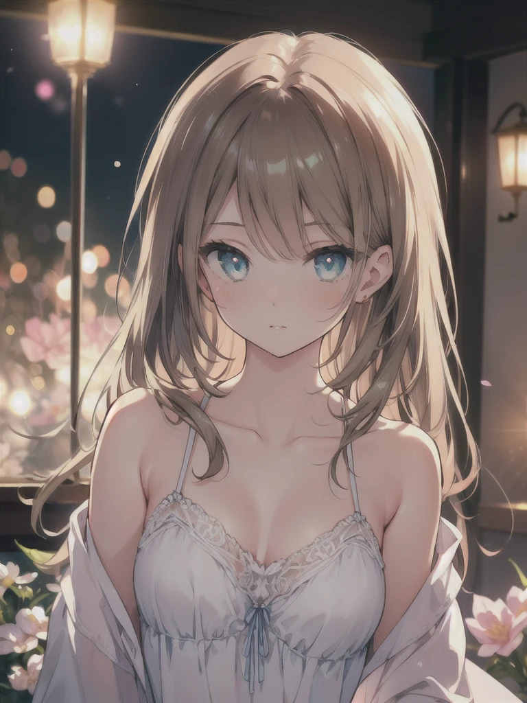 masterpiece, highest quality, female figure, blue green eyes, long brown hair, white nightgown, cute, (dynamic lighting:1.2), cinematic lighting, delicate features, fine eyes, sharp pupils, realistic student, Depth of bounds written, Bokeh, sharp focus, (very detailed, bloom, shine:1.4), gloomy, very skinny, prominent collarbones, 