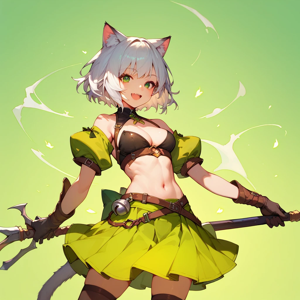 (score_9,score_8_up,score_7_up,) 1girl, solo, breasts, looking at viewer, smile, short white hair, open mouth, skirt, thigh highs, animal ears, tail, weapon, holding weapon, animal ear fluff, green skirt, sheath, green background,