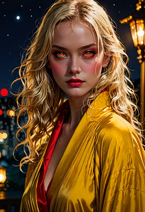 masterpiece , night , close up , beauty , blonde hair , red eyes , yellow robe