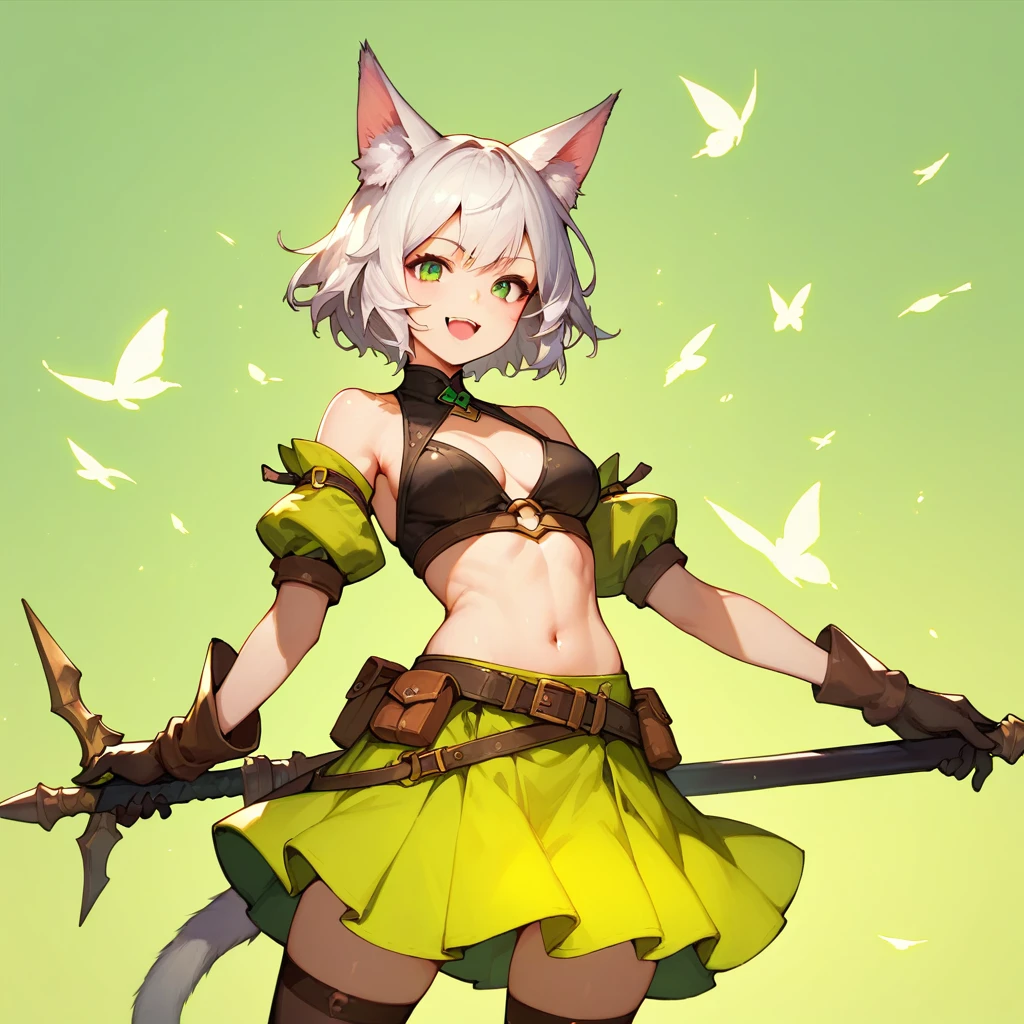 (score_9,score_8_up,score_7_up,) 1girl, solo, breasts, looking at viewer, smile, short white hair, open mouth, skirt, thigh highs, animal ears, tail, weapon, holding weapon, animal ear fluff, green skirt, sheath, green background,