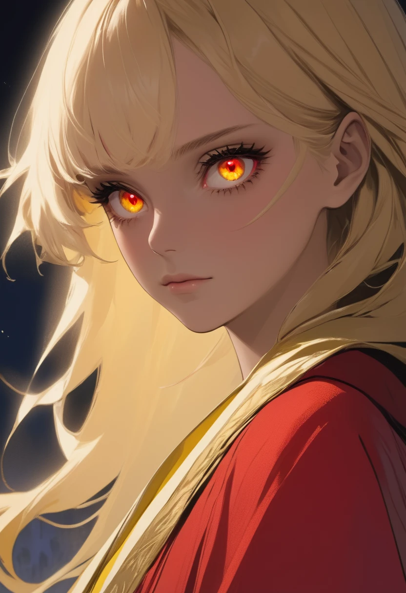 masterpiece , night , close up , beauty , blonde hair , red eyes , yellow robe , sinozick style