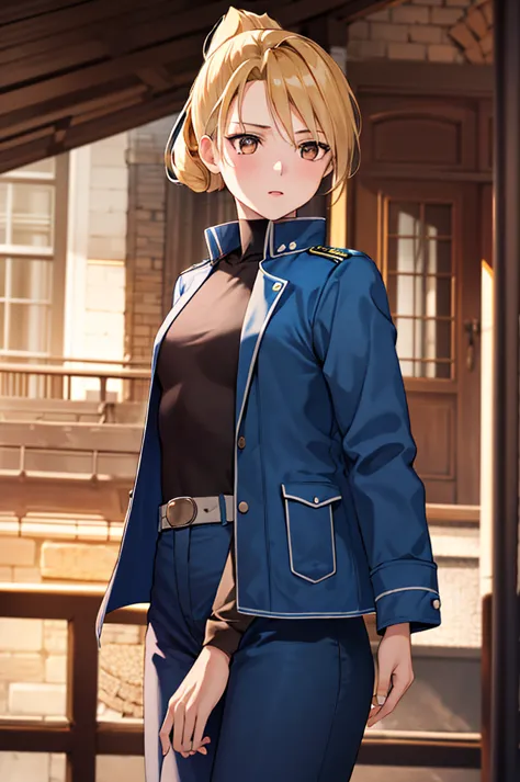 masterpiece, highest quality, high resolution, one girl, himliza, folded ponytail, brown eyes, medium chest, uniform, blue jacke...