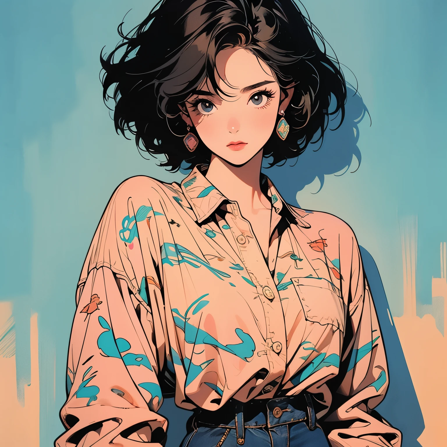 whole body, Upper Body, Have iPhone , Messy room, Apartments, 1 Girl, 4K, Warm colors , short hair , skirt, blouse、Faint lighting、Detailed Hair、Perfect Face、80s fashion、Retro Color、Highest quality、Detailed Background、Complex background、Sunset