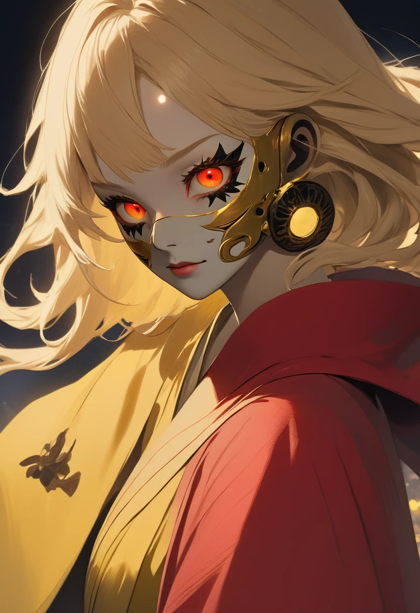 masterpiece , night , close up , beauty , blonde hair , red eyes , yellow robe , sinozick style , hanya mask