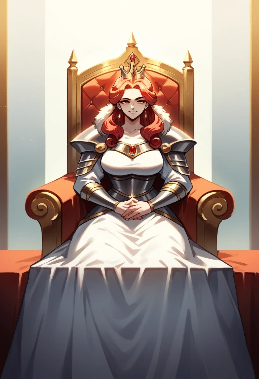 A beautiful woman sitting on a throne, pale skin and flowing red hair, medium legnth hair, dutchess in modest adornment, modest clothing, full dress, fur collar, lightly armoured, silver plate armour, warm colours, mature woman, sharp features, innocent smile, female knoght, knoght queen, lodgehouse background, no crown