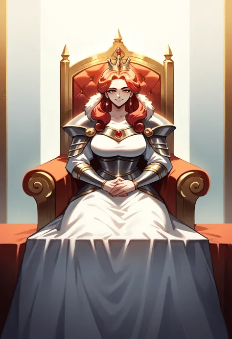 A beautiful woman sitting on a throne, pale skin and flowing red hair, medium legnth hair, dutchess in modest adornment, modest ...