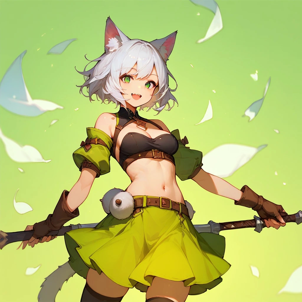 (score_9,score_8_up,score_7_up,) 1girl, solo, breasts, looking at viewer, smile, short white hair, open mouth, skirt, thigh highs, animal ears, tail, weapon, holding weapon, animal ear fluff, green skirt, sheath, green background,