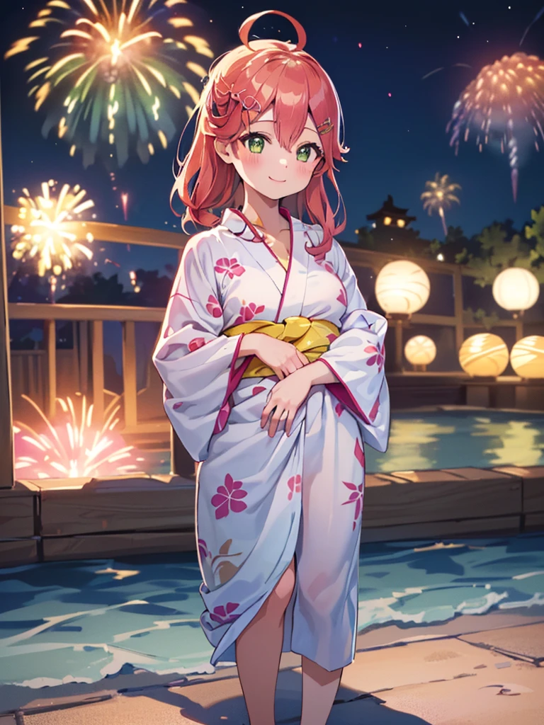 (masterpiece, Highest quality, Super detailed),One girl,((super fine illustration)),((cute eyes,highly detailed skin)),((smile)),((well endowed,Blessed,Captivating body、Detailed Background))、(yukata:1.5),firework,(夜空に大量のfirework,Night view,Ocean)、Festivals, (full body)