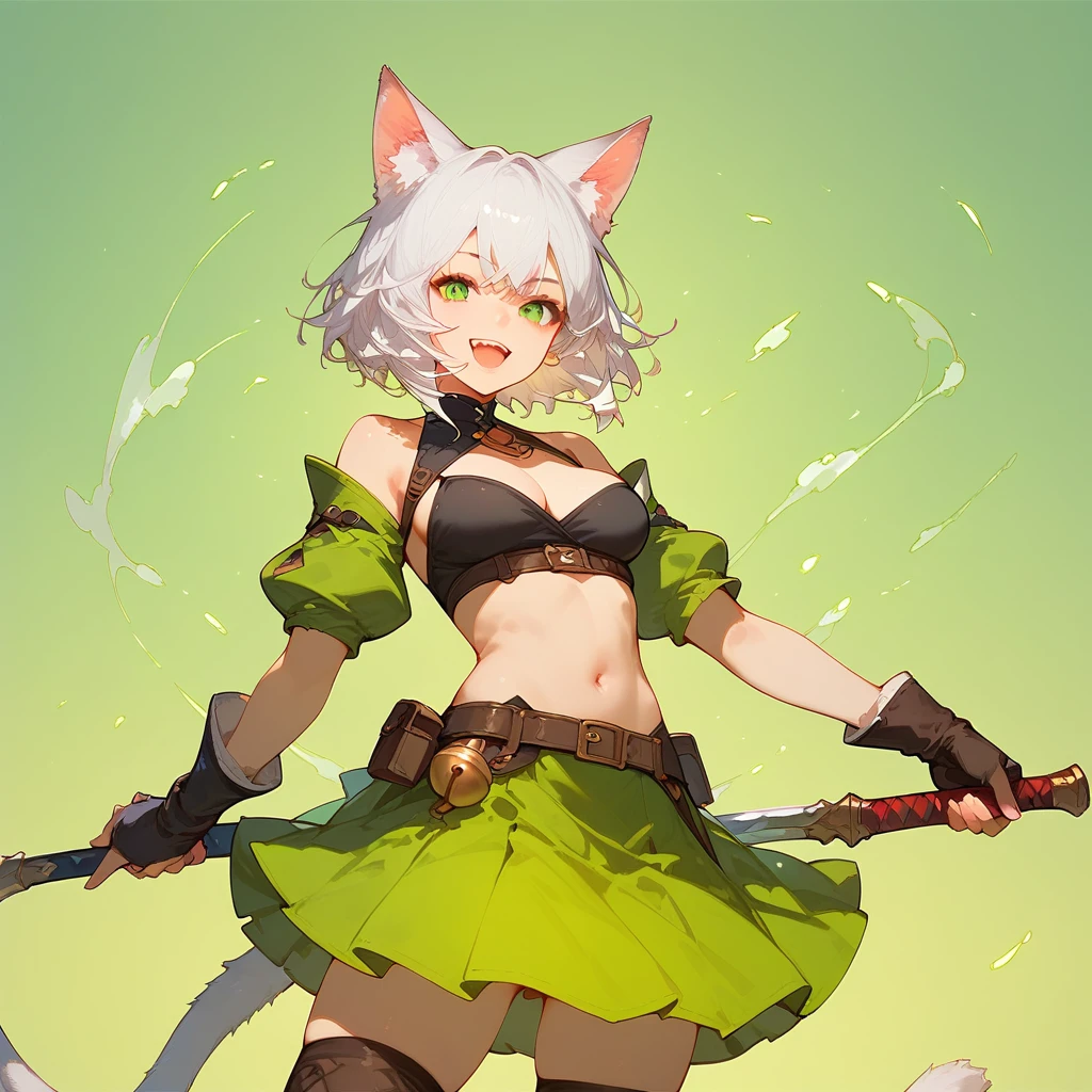 (score_9,score_8_up,score_7_up,) 1girl, solo, breasts, looking at viewer, smile, short white hair, open mouth, skirt, thigh highs, animal ears, tail, weapon, holding weapon, animal ear fluff, green skirt, sheath, green background,