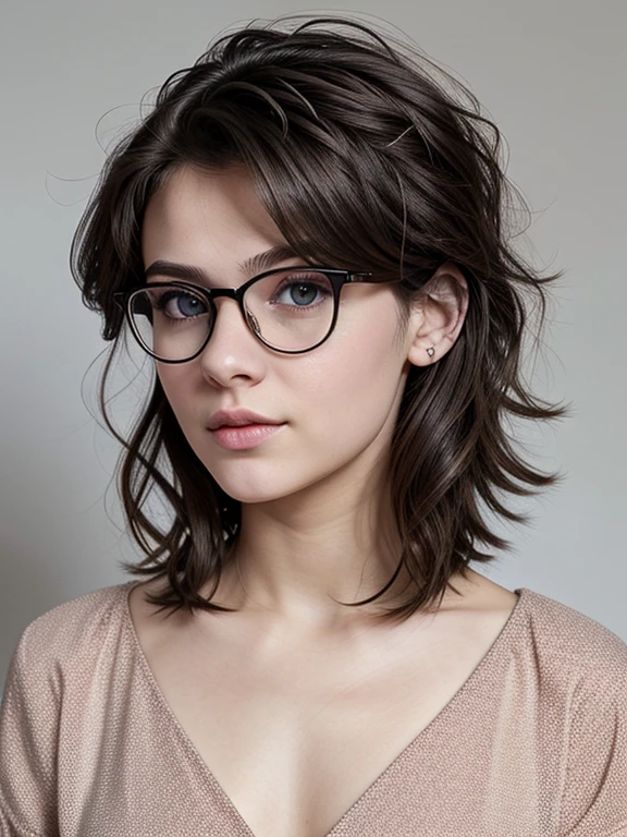 (masterpiece, Best quality:1.2), 1 tomboy girl 16 years old, One, Russian girl in glasses with aesthetic small breasts with beautiful erect pale pink nipples, round face, round cheeks, small round chin, beautiful proportional small wide nose, Plump lips, closed mouth, expressive brown eyes, Long eyelashes, glasses with lenses, a little crazy look, sparkle in the eyes, spiky tousled dark brown tousled slightly wavy medium length shoulder length hair, Plain Cotton Men&#39;s Racerback Tank Top, absolutely no bra, upper body photo portrait, high quality human skin textures, Beautiful face, Ideal Anatomy, realistic textures, realistic glasses, medium shot 