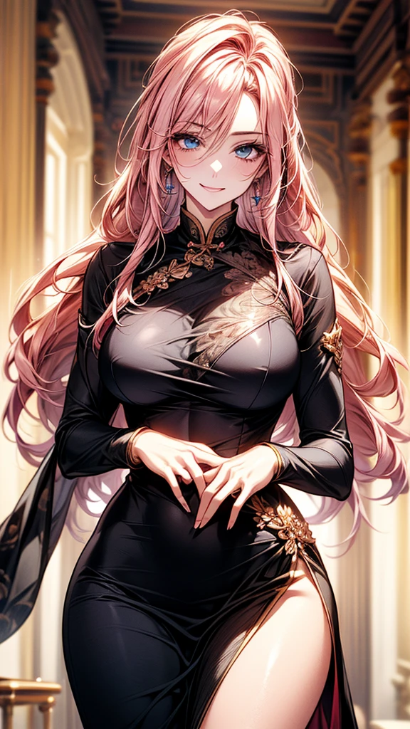 best quality, ultra high resolution, NSFW, hyper-detailed, intricately detailed, masterpiece, anime style, beautiful tall mature woman, mature woman around 28, white woman Milf, pink hair, long straight hair, blue amethyst eyes , looking elegant, compassionate and adorable;, beautiful and the most beautiful woman of all time, big bust, thin waist, Amazonian queen woman, wearing pink sakura Chinese oriental dress with long sleeves, pink flowered skirt, with blue details, perfect body , fit body, natural muscular body, six-pack (defined), modest hips, beautiful skin, ultra-oily and shiny skin, sexy and seductive Amazonian warrior queen Woman looking with love is happiness for the viewer, fierce and imposing sexy and beautiful face full of kindness and compassion, beautiful happy face with a caring look and a joyful smile full of love, kindness and compassion, Standing in a lush and mysterious daytime RPG fantasy dungeon, Sun highlighting his body, fantasy, Looking at the viewer with a happy looking expression and a loving smile at the viewer, cowboy photo, portrait, Alone, Alone, 1 woman, looking at the camera with a happy and loving smile at the viewer, detailed body, detailed hair, detailed face, ready into a fight to protect you, she loves you more than anything, she will fight for you