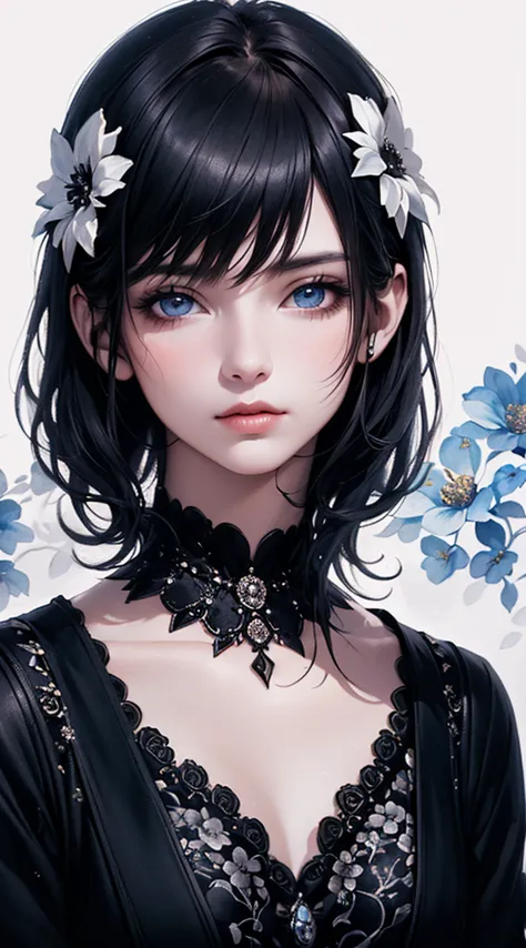 (​master piece),(top-quality:1.2),(8k anime),1 girl,beautiful detailed blue eyes,(Beautiful silky black hair:1.2), black dress w...