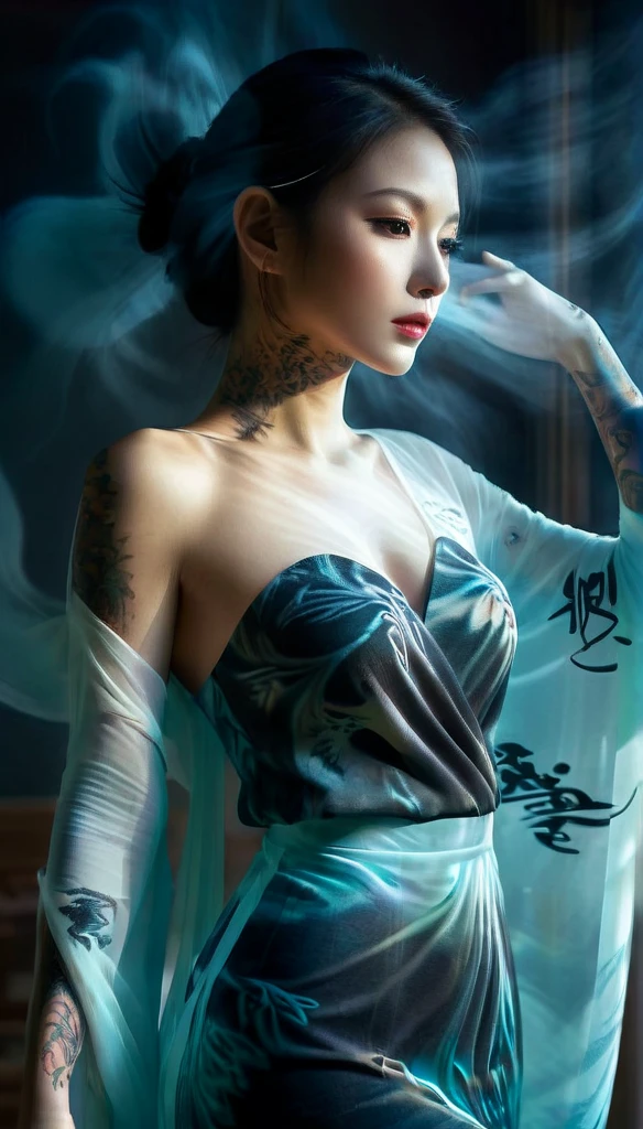 Double Exposure Style,Volumetric Lighting,a girl (Supermodel) with Wrap top,arching her back, beautiful tattoo, Traditional Attire,Artistic Calligraphy and Ink,light depth,dramatic atmospheric lighting,Volumetric Lighting,double image ghost effect,image combination,double exposure style,