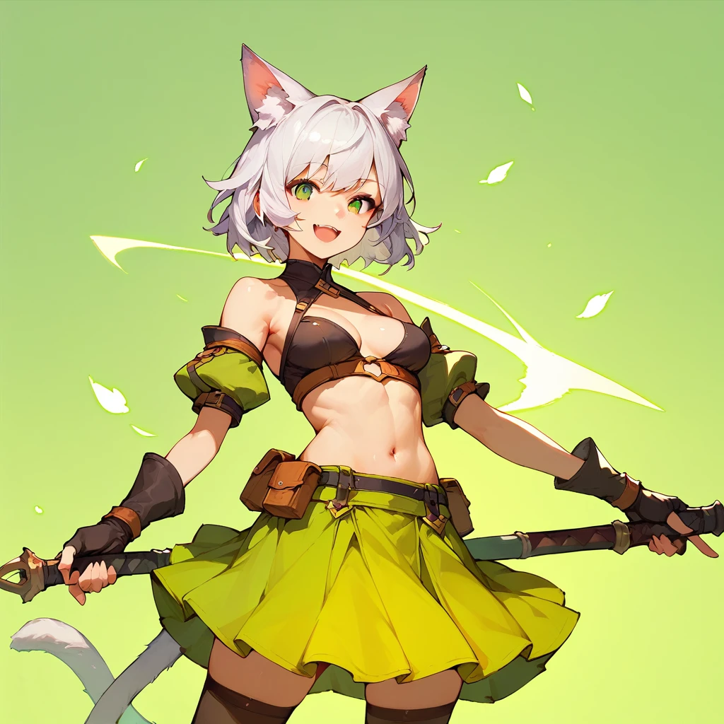 (score_9,score_8_up,score_7_up,) 1girl, solo, breasts, looking at viewer, smile, short white hair, open mouth, skirt, thigh highs, animal ears, tail, weapon, holding weapon, animal ear fluff, green skirt, sheath, green background,