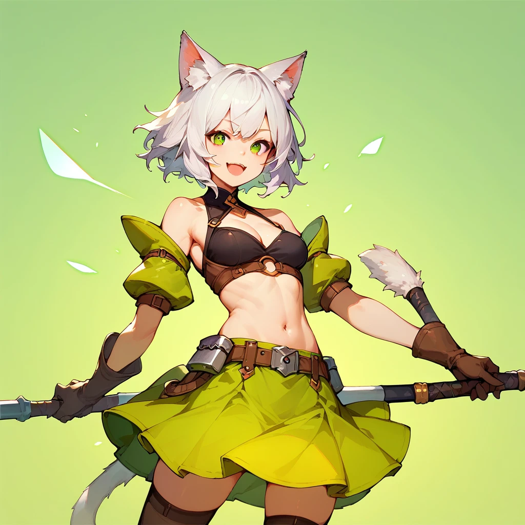 (score_9,score_8_up,score_7_up,) 1girl, solo, breasts, looking at viewer, smile, short white hair, open mouth, skirt, thigh highs, animal ears, tail, weapon, holding weapon, animal ear fluff, green skirt, sheath, green background,