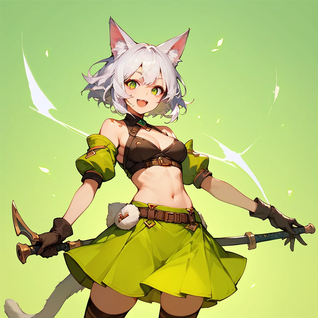 (score_9,score_8_up,score_7_up,) 1girl, solo, breasts, looking at viewer, smile, short white hair, open mouth, skirt, thigh highs, animal ears, tail, weapon, holding weapon, animal ear fluff, green skirt, sheath, green background,