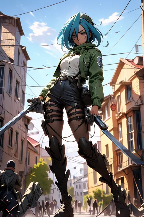 ((jinx)) the image is of an anime girl with blue hair, wearing a green and black jacket and a black and white shirt, holding a g...