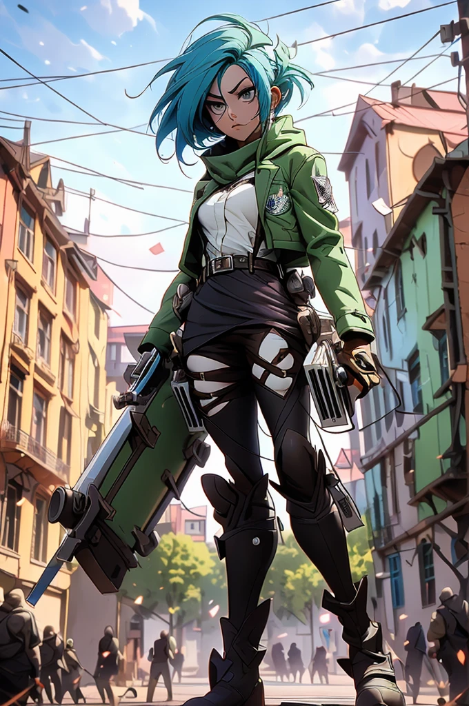 ((Jinx)) The image is of an anime girl with blue hair, wearing a green and black jacket and a black and white shirt, holding a gun and standing in front of a colorful background with a sign that says \"XYZ\".  The image is of an anime girl with blue hair, wearing a green and black jacket and a black and white shirt, holding a gun and standing in front of a colorful background with a sign that says \"XYZ\".