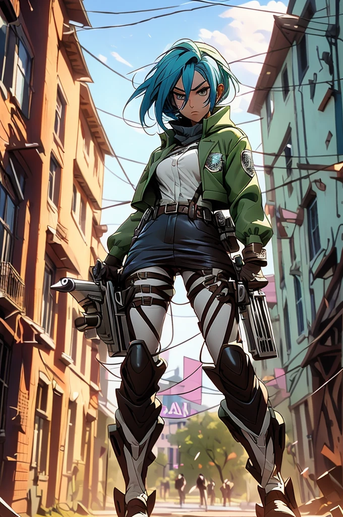 ((Jinx)) The image is of an anime girl with blue hair, wearing a green and black jacket and a black and white shirt, holding a gun and standing in front of a colorful background with a sign that says \"XYZ\".  The image is of an anime girl with blue hair, wearing a green and black jacket and a black and white shirt, holding a gun and standing in front of a colorful background with a sign that says \"XYZ\".