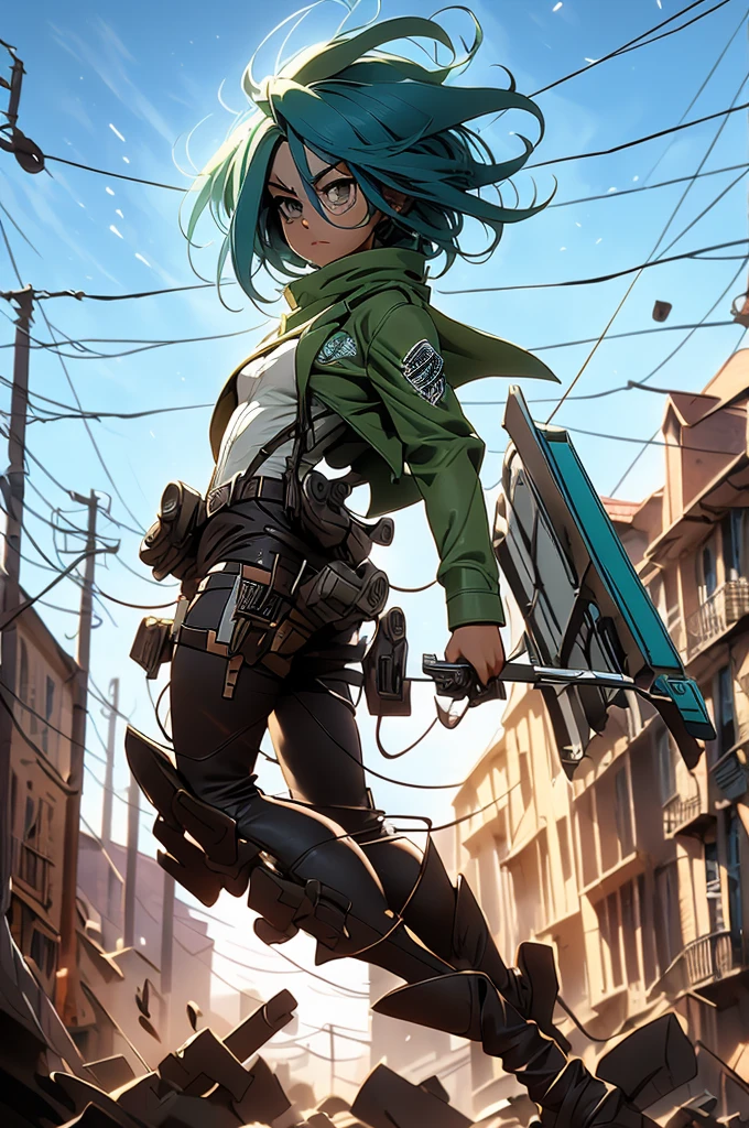 ((Jinx)) The image is of an anime girl with blue hair, wearing a green and black jacket and a black and white shirt, holding a gun and standing in front of a colorful background with a sign that says \"XYZ\".  The image is of an anime girl with blue hair, wearing a green and black jacket and a black and white shirt, holding a gun and standing in front of a colorful background with a sign that says \"XYZ\".