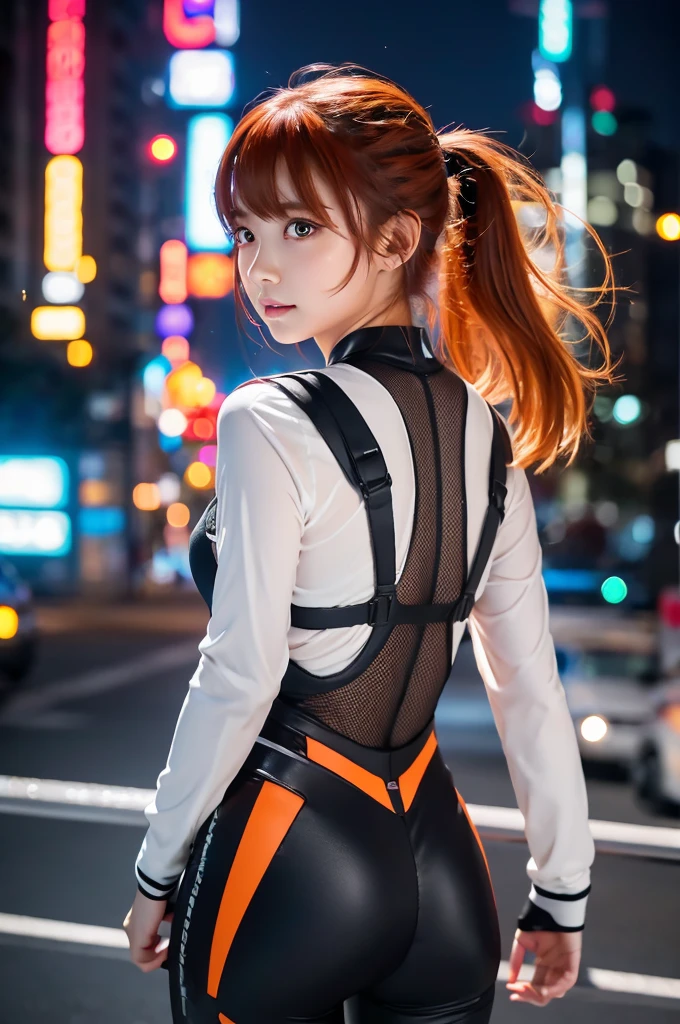 (SFW), Intricate details, One girl, night, (Bright neon colors), ((Flying over a futuristic cyberpunk city)), Detailed Background, (Petiteなサイボーグ少女, ((Cute perfect face, Bright red eyes)), (Perfect Anatomy, Petite), (Extremely long orange and white gradient hair, Hair blowing in the wind)), Detailed slip, Pauldrons, Cybernetic limbs, Dynamic Angle, 