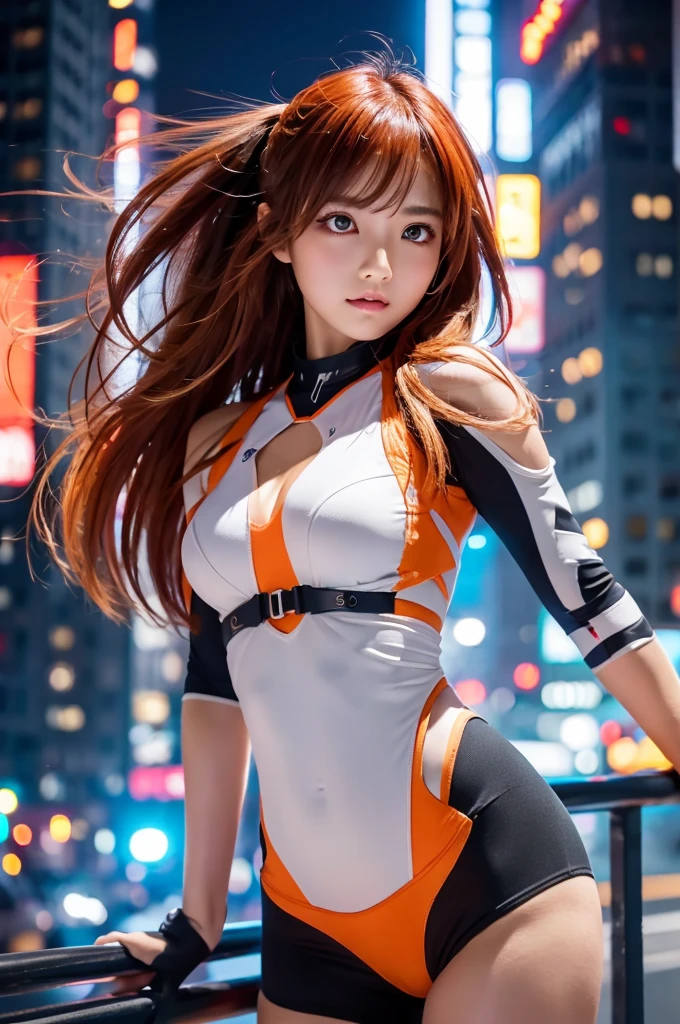 (SFW), Intricate details, One girl, night, (Bright neon colors), ((Flying over a futuristic cyberpunk city)), Detailed Background, (Petiteなサイボーグ少女, ((Cute perfect face, Bright red eyes)), (Perfect Anatomy, Petite), (Extremely long orange and white gradient hair, Hair blowing in the wind)), Detailed slip, Pauldrons, Cybernetic limbs, Dynamic Angle, 