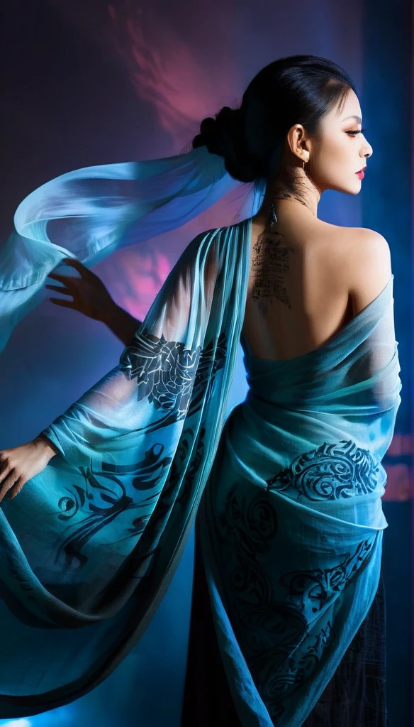 Double Exposure Style,Volumetric Lighting,a girl (Supermodel) with Wrap top,arching her back, beautiful tattoo, Traditional Attire,Artistic Calligraphy and Ink,light depth,dramatic atmospheric lighting,Volumetric Lighting,double image ghost effect,image combination,double exposure style,