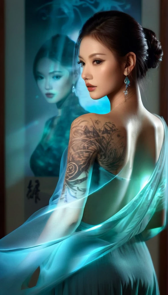 Double Exposure Style,Volumetric Lighting,a girl (Supermodel) with Wrap top,arching her back, beautiful tattoo, Traditional Attire,Artistic Calligraphy and Ink,light depth,dramatic atmospheric lighting,Volumetric Lighting,double image ghost effect,image combination,double exposure style,