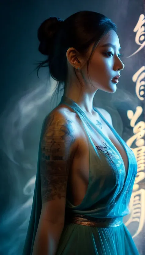 Double Exposure Style,Volumetric Lighting,a girl (Supermodel) with Wrap top,arching her back, beautiful tattoo, Traditional Atti...