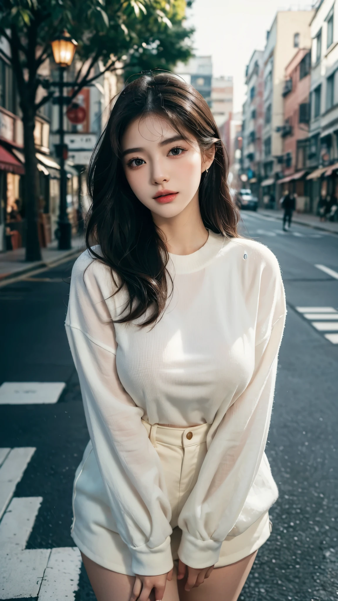 (best quality,16,000,high resolution,masterpiece:1.2),very detailed,(realistic,realistic,realistic:1.37),Korean Fashion Beauty,Japanese and Korean beauties,cute and sexy,Eyes and face are detailed,beautiful and delicate lips,white teeth,long eyelashes,slime,The clothes are fashionable,shorts short skirts,Nasiti,plump upper circumference,big bust,split,(Beloved,sexy person:1.1),colorful street background,stylish clothes and accessories,The texture of the clothes is soft,portrait style photography,vivid colors,Street lamp.