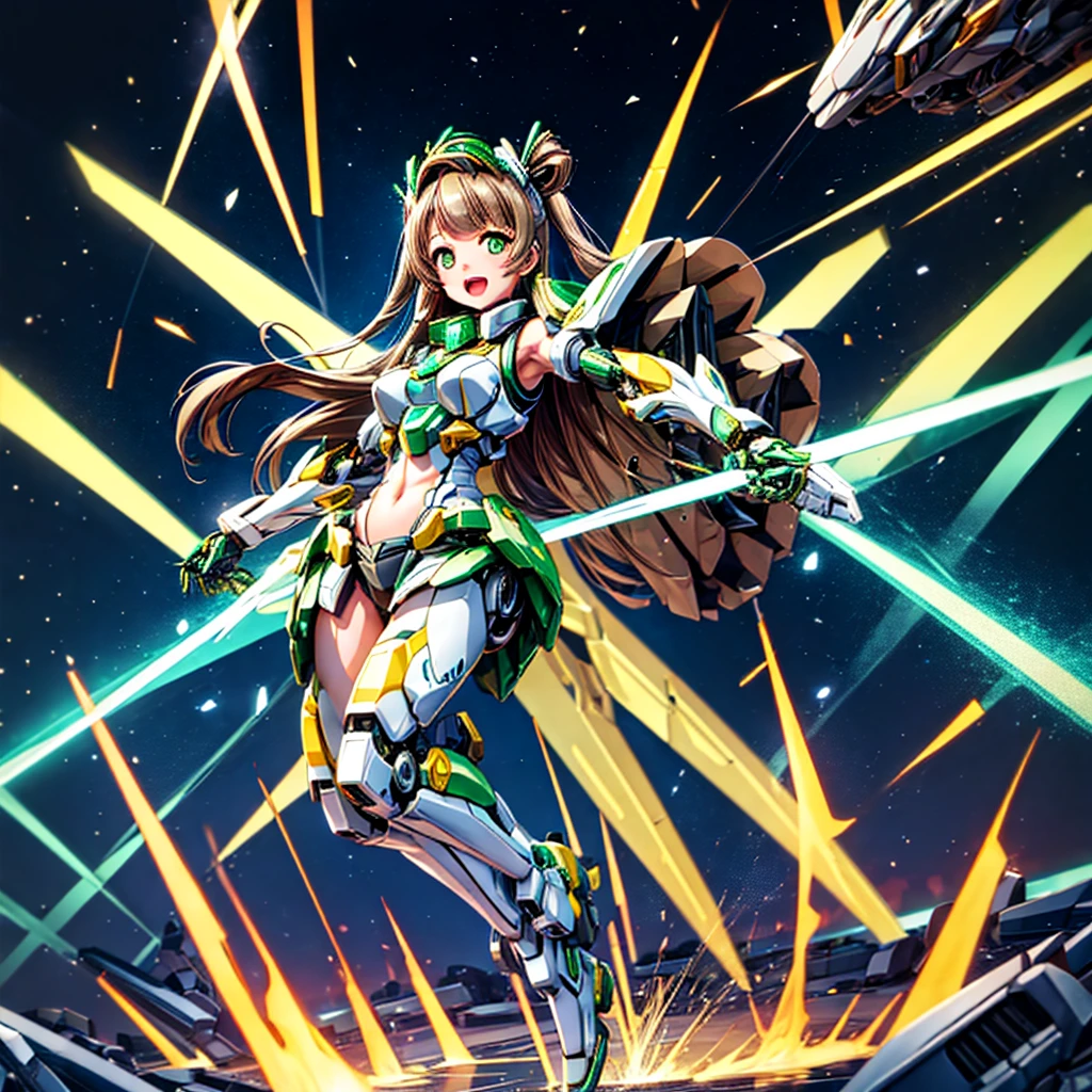 obra maestra, alta calidad, Ciborgización、cuerpo cyborg ginoide、The face is of minami kotori.、minami kotori, quien ha sido remodelada en un cuerpo mecánico tipo niña、Chica cyborg mecha、soltero, Composición frontal、soltero image、desde el frente, cuerpo completo、El cuerpo mecánico está destruido., exponiendo la maquinaria de precisión.、Brazos y piernas bien abiertos