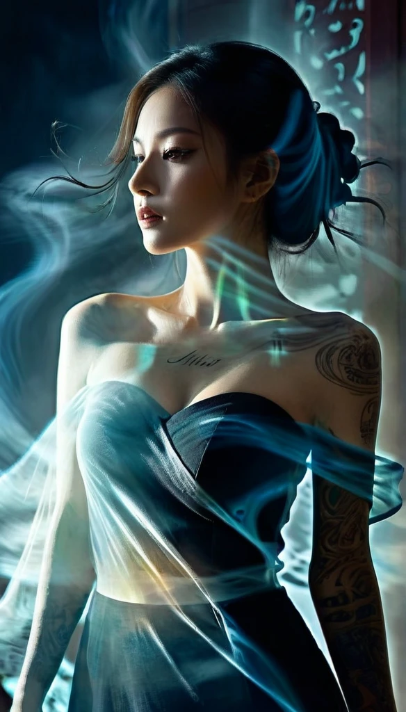 Double Exposure Style,Volumetric Lighting,a girl (Supermodel) with Wrap top,arching her back, beautiful tattoo, Traditional Attire,Artistic Calligraphy and Ink,light depth,dramatic atmospheric lighting,Volumetric Lighting,double image ghost effect,image combination,double exposure style,