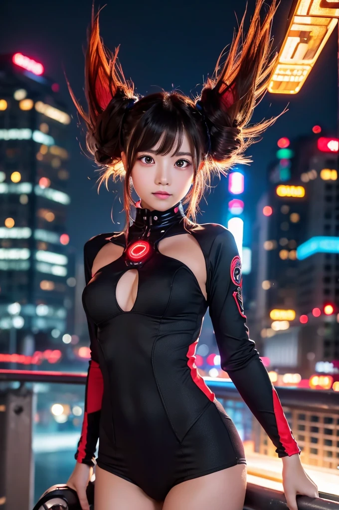 (SFW), Intricate details, One girl, night, (Bright neon colors), ((Flying over a futuristic cyberpunk city)), Detailed Background, (Petiteなサイボーグ少女, ((Cute perfect face, Bright red eyes)), (Perfect Anatomy, Petite),  Hair blowing in the wind, Detailed slip, Cybernetic limbs, Dynamic Angle, 