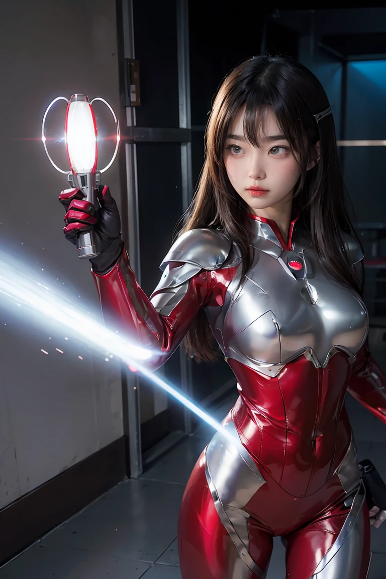 Ultraman、Practical、Practical、light, Girl in shiny red and silver suit、15 years old、Professional photos、University Teachers&#39;Do not expose your skin, Japanese Models, Japan CGI、Ultraman Suit、, Power Rangers Set、Tight-fitting thin network suit,The whole body is elastic、There&#39;s pink There、 Delicate body, Large Breasts、Small butt、Thin thighs、Thin arms、Thin waist、Camel toe、Both sides of the cyber suit fit tightly against the skin、big eyes、Black short hair、Facing forward、Facing forward立っている、There is a glowing sphere embedded in the treasure chest.、Essay Examination、 Blue sky background