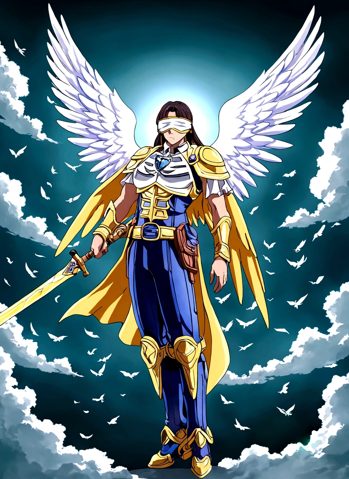 Angemon de Digimon Adventure con una pose de valentia, (1man), solo, full body, blonde hair, head wings, helmet, (covered eyes:1.7), long hair, angel wings, feathered wings, wings, en el cielo de fondo, anime screencap, american cowboy shot, masterpiece, the best quality, super detailed