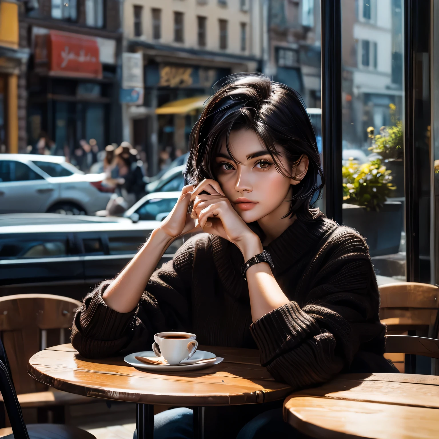 Male, 24 years old,1 person,Cafe,I'm fiddling with my phone,Beautiful Face,neutral,Black Hair,Park outside the window,Brown eyes,Coffee on the table