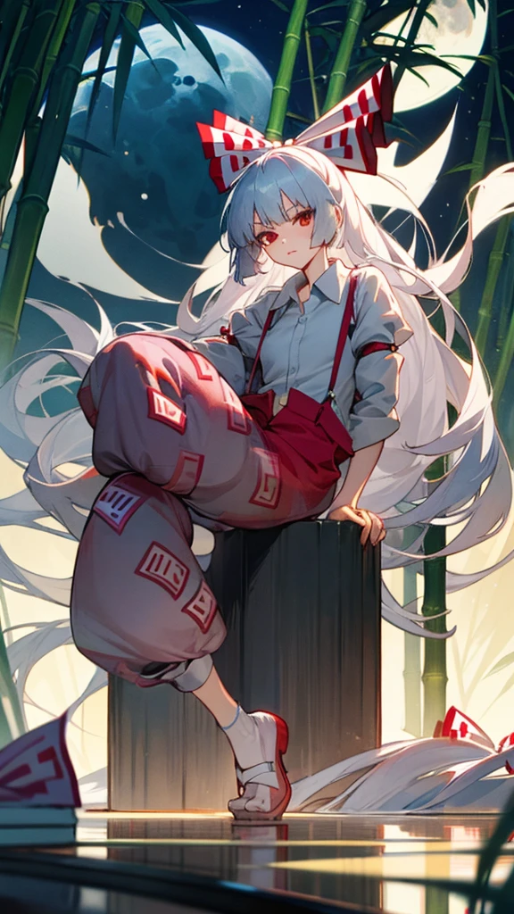 Fujiwara no Mokou(From desire) In the bamboo forest. She has a big . She has white hair, Red eyes. She is wearing a white shirt, sit, night, moon, Hair Ribbon, Perfect Anatomy