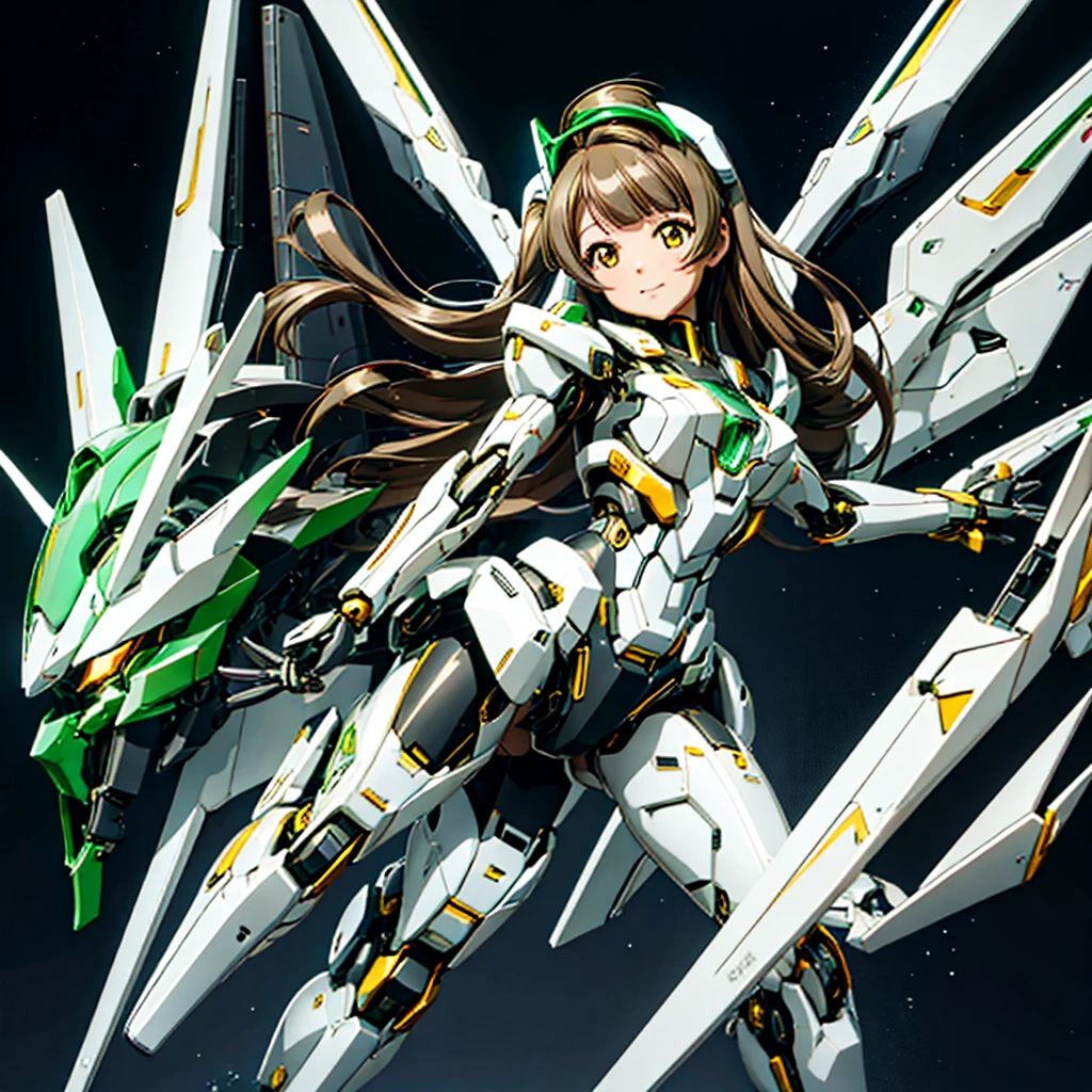 obra de arte, alta qualidade, Ciborguização、corpo ciborgue ginóide、O rosto é de Minami Kotori.、Minami Kotori, que foi remodelado em um corpo mecânico tipo menina、Garota Ciborgue Mecha、solteiro, Composição frontal、solteiro image、de frente, corpo todo、O corpo mecânico foi destruído, expondo as máquinas de precisão.、braços e pernas bem abertos、fundo preto