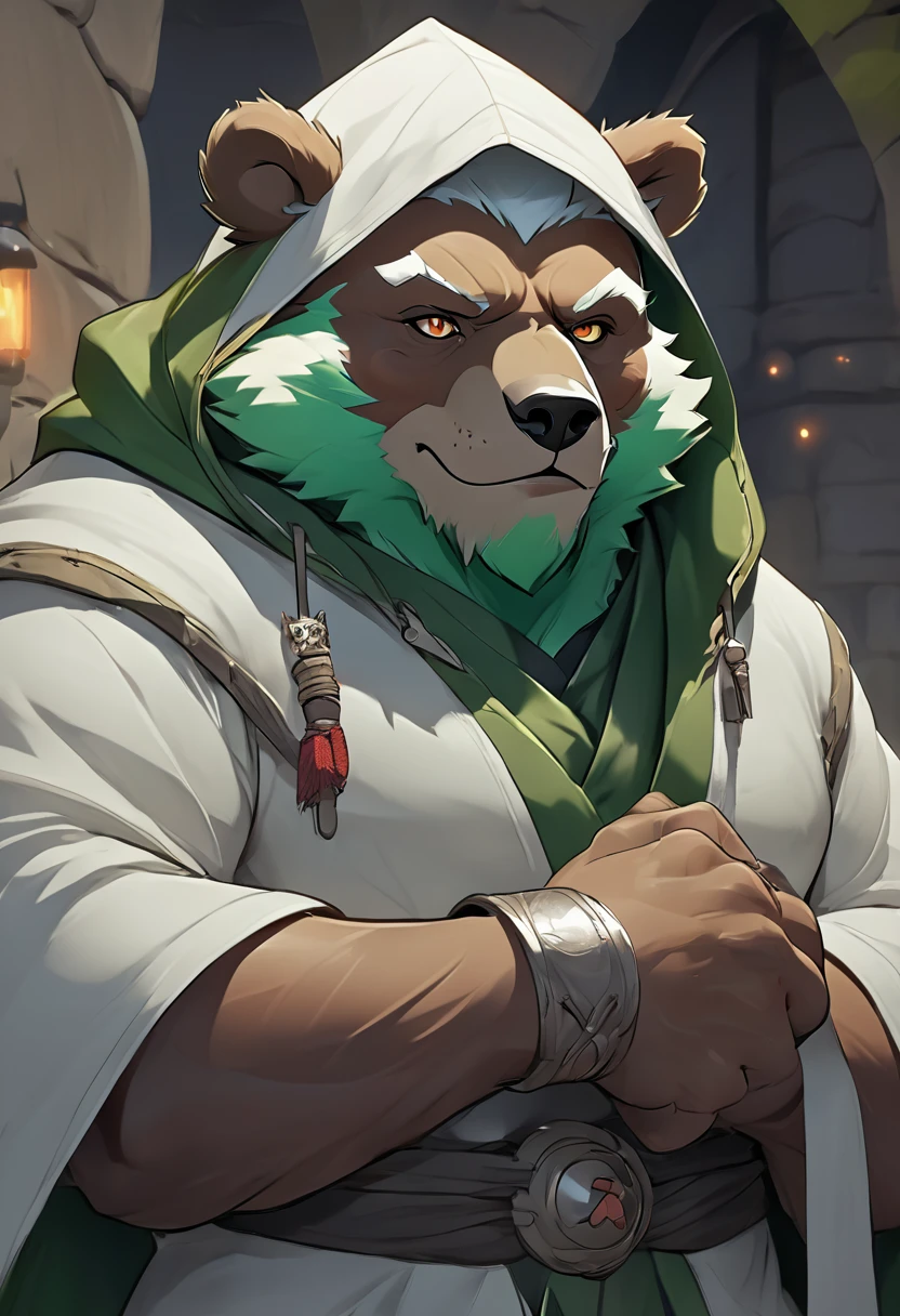 anthro, kemono, male, solo, ((round face, very plump face, thick beard)), (((dark beard))), ((endomorph body type, old-aged)), ((green bear, bear) fluffy fur, fluffy), (at old ruin, dungeons), bokeh, (high quality, highres, masterpiece), (dynamic lighting, vivid color), (generous smile), (face focus), front view (close up), cartoon, (((green bear))), (((green fur))), green hair, beard, white eyebrows, bald, detailed red eyes, tall, steel mage staff, magic, (black t-shirt inside), (((white robe coat with hood))), by zixiong, by takemoto arashi, by zixiong, (by null-ghost:0.8), (by t.y.stars:0.4),