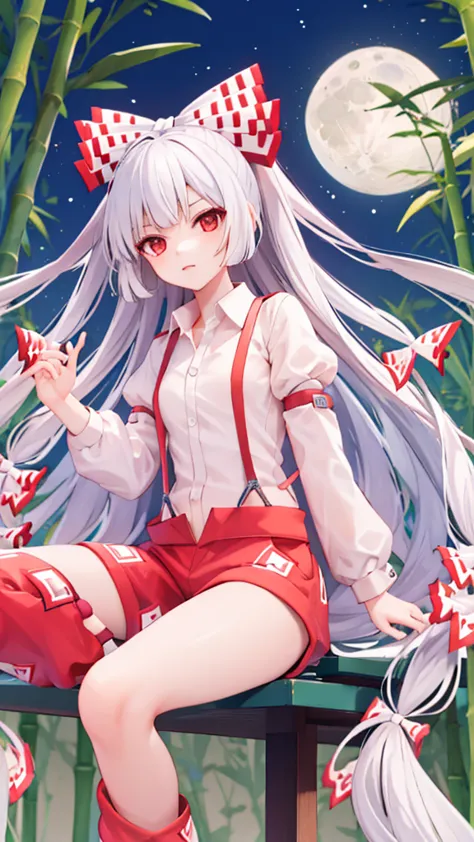 fujiwara no mokou(from desire) in the bamboo forest. she has a big . she has white hair, red eyes. she is wearing a white shirt,...