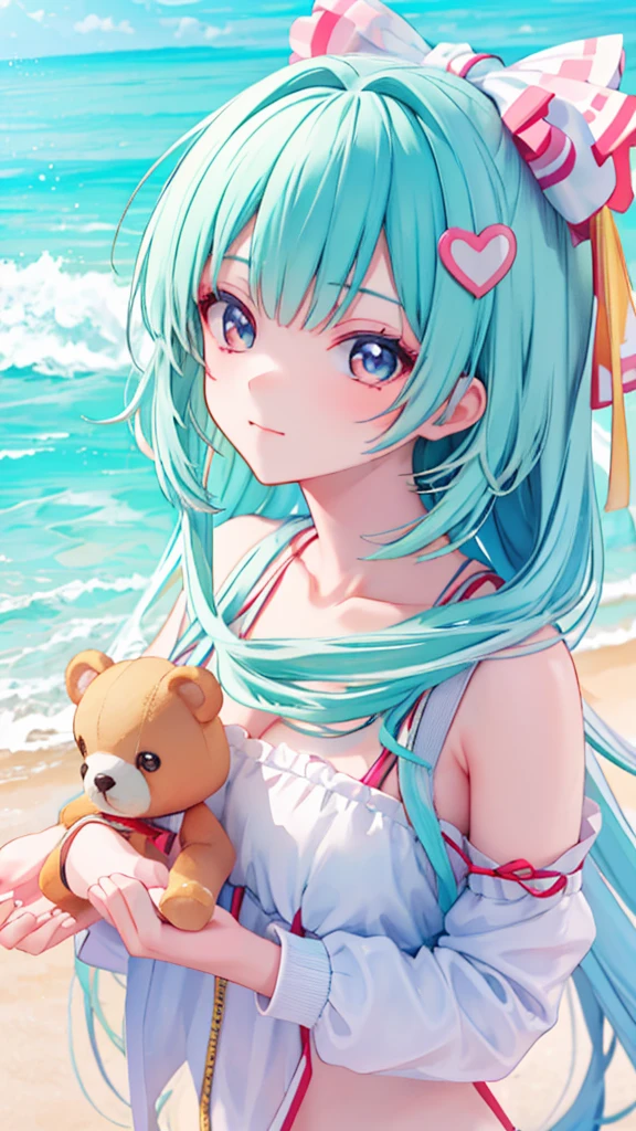 There is a woman holding a teddy bear on the beach, Cute realistic portrait, Cute Anime Girl, Cute girl anime visuals, Smooth anime CG art, Gweiz-style artwork, portrait of Cute Anime Girl, cute portrait, Beautiful anime portraits, Beautiful Anime Girls, Cute Anime Girl portrait, Realistic Anime 3D Style