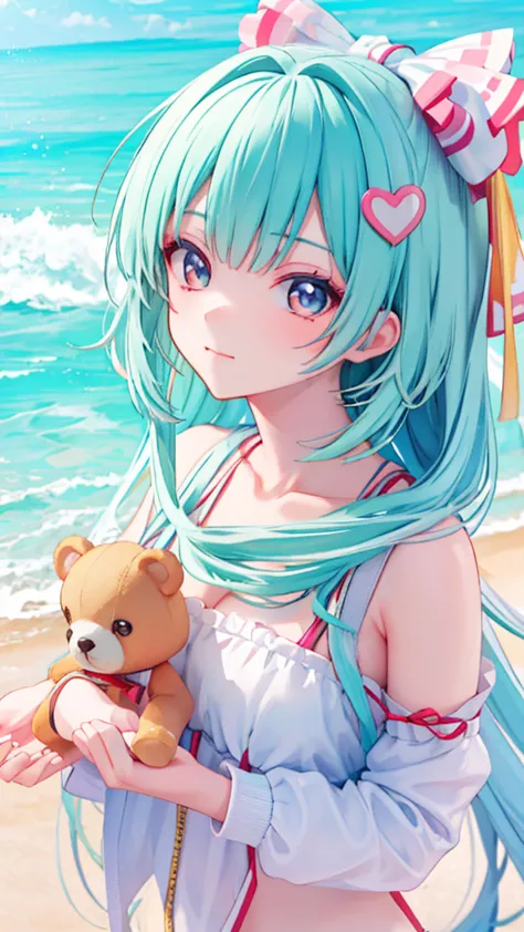 there is a woman holding a teddy bear on the beach, cute realistic portrait, cute anime girl, cute girl anime visuals, smooth an...