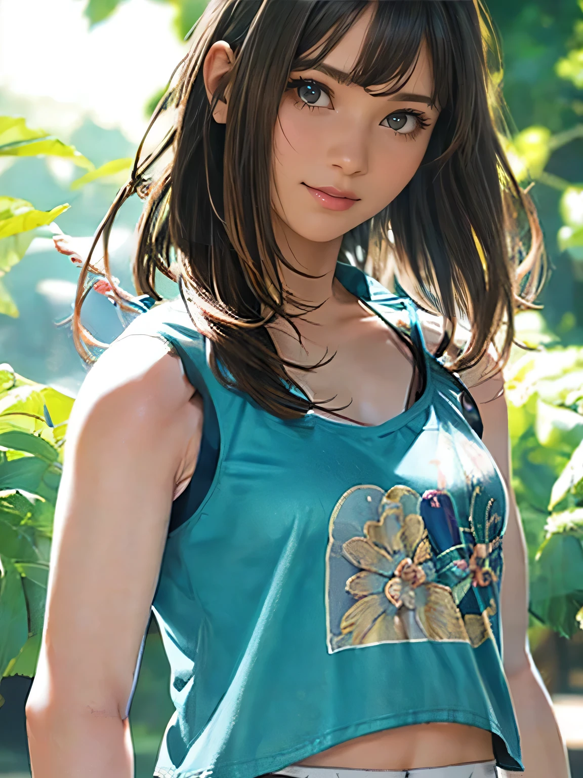 1girl, woman, 20 years old woman, girl in summer clothes, beautiful, medium breasts, flirtatious look, ((very detailed)), (perfectly detailed face), (well detailed hand), photorealistic image, high res, 1girl, woman, 20 years old woman, ((tanktop jersey:1.78)), looking at viewer:1.8, (1girl eyes looking at viewer:1.55), camisole, Upper body, Plain costumes, Simple Background, Emphasis on the chest, Hands behind the body, White outfit, photorealistic, (bokeh), best quality, 8k, UHD, UHD