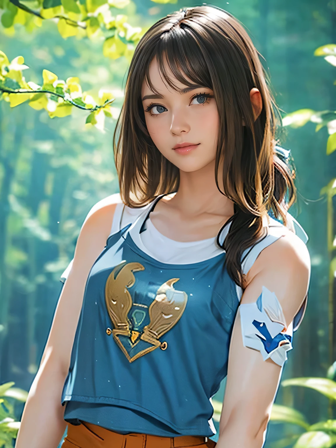 1girl, woman, 20 years old woman, girl in summer clothes, beautiful, medium breasts, flirtatious look, ((very detailed)), (perfectly detailed face), (well detailed hand), photorealistic image, high res, 1girl, woman, 20 years old woman, ((tanktop jersey:1.78)), looking at viewer:1.8, (1girl eyes looking at viewer:1.55), camisole, Upper body, Plain costumes, Simple Background, Emphasis on the chest, Hands behind the body, White outfit, photorealistic, (bokeh), best quality, 8k, UHD, UHD