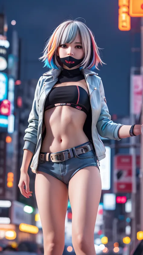 portraiture, 1 girl, beautiful face, asymmetrical hair, multi-coloured hair, belt, bodysuits, covered my mouth, covered navel, r...