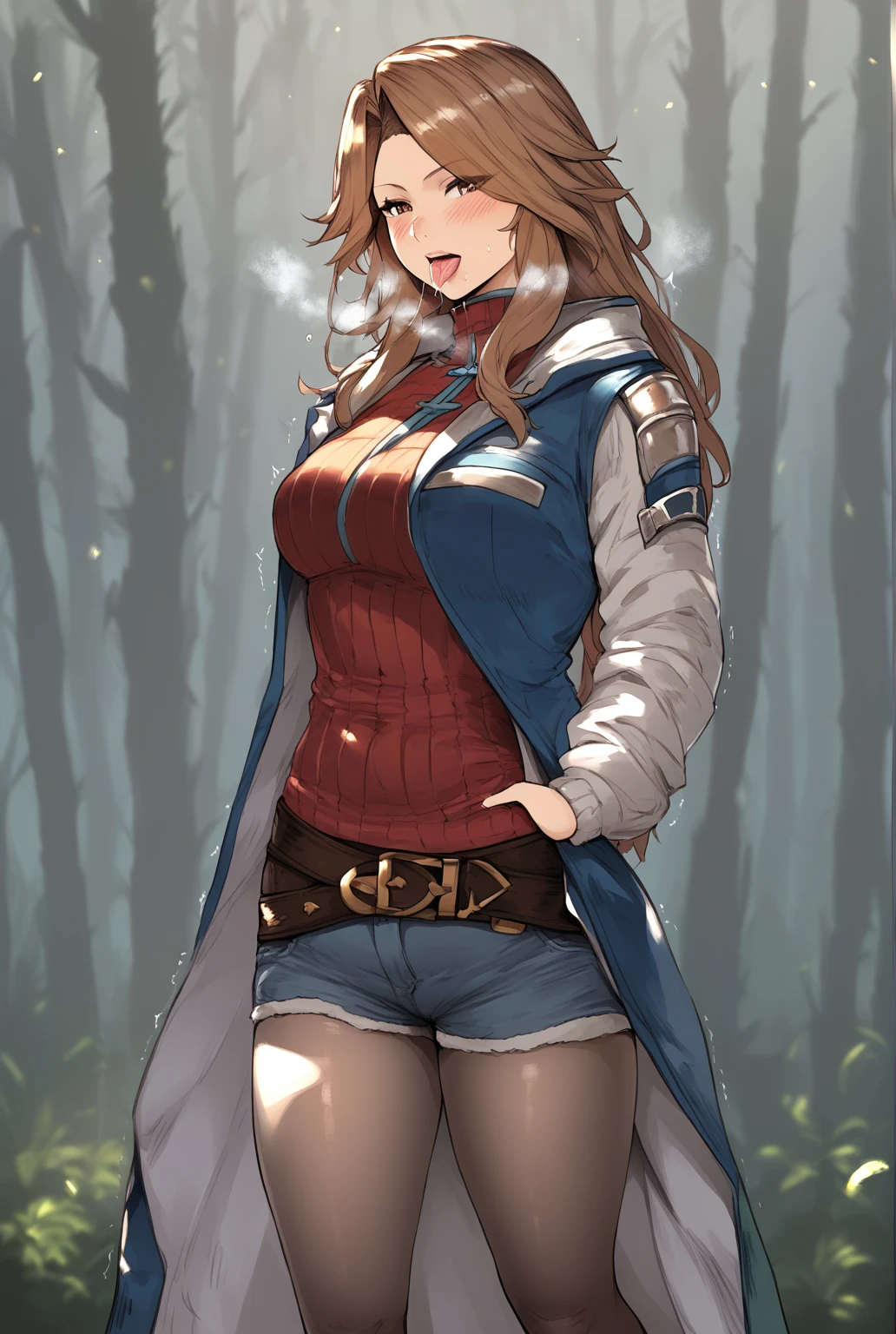 core_9, score_8_up, score_7_up, score_6_up, uncensored, katalina \(granblue fantasy\), long hair, parted bangs, brown hair, brown eyes, sweating, BREAK (masterpiece:1.2), best quality, high resolution, (detailed eyes:1.3), perfect lighting, (perfect hands, perfect anatomy), 1girl, solo, pantyhose, standing, coat, looking_at_viewer, black_legwear,  casual, shoes, turtleneck, jacket, tree, bamboo, forest, water drop, spotlight, bokeh, bootyshorts, BREAK, fellatio gesture, tongue out, saliva, blush, trembling, gasping, heavy breathing,