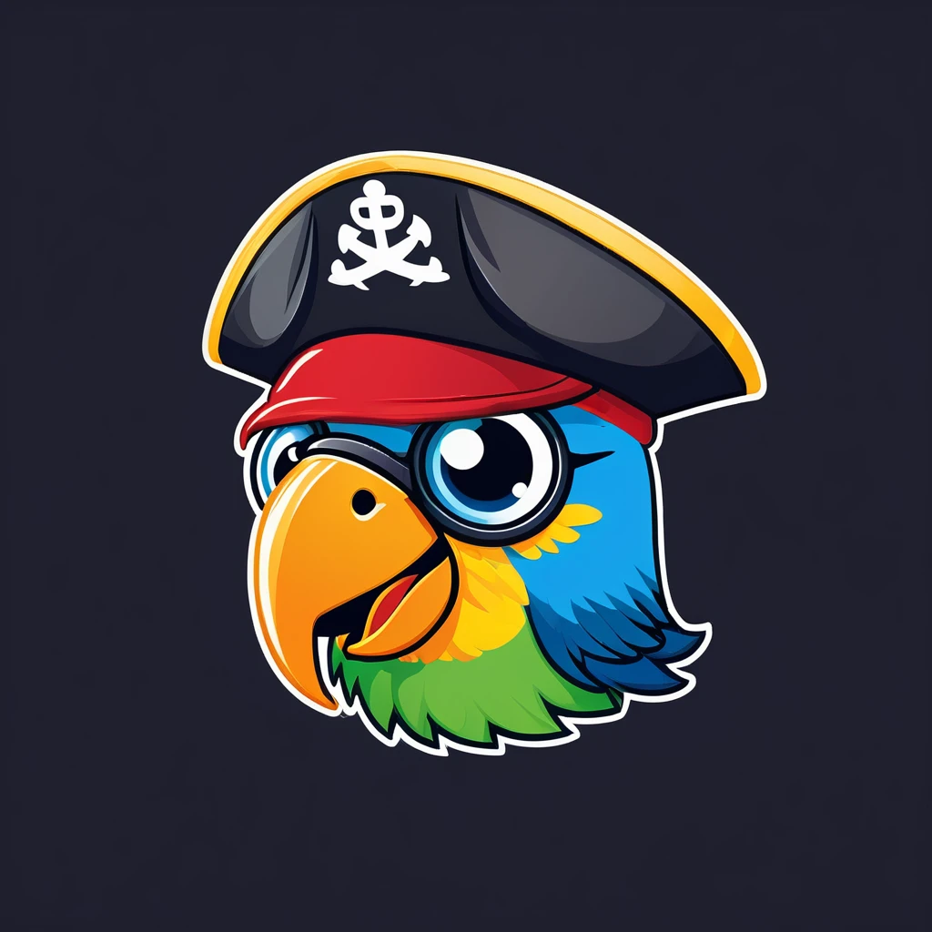 Emoji of a smiling face with a pirate hat and an eyepatch, a small parrot on the shoulder, and a tiny anchor symbol appearing next to it, cheerful and playful expression, simple and colorful design.